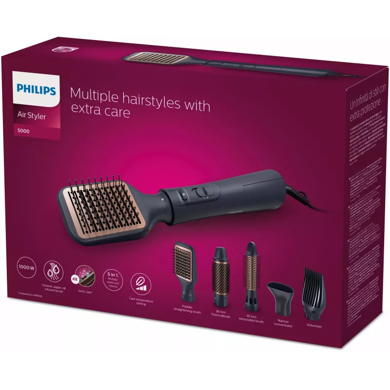 Hair styling kit Philips 5000 series BHA530/00 — hair straightener & curler, 1000 W, 3 heating levels, ionic, 5 attachments, 2 m cord, black