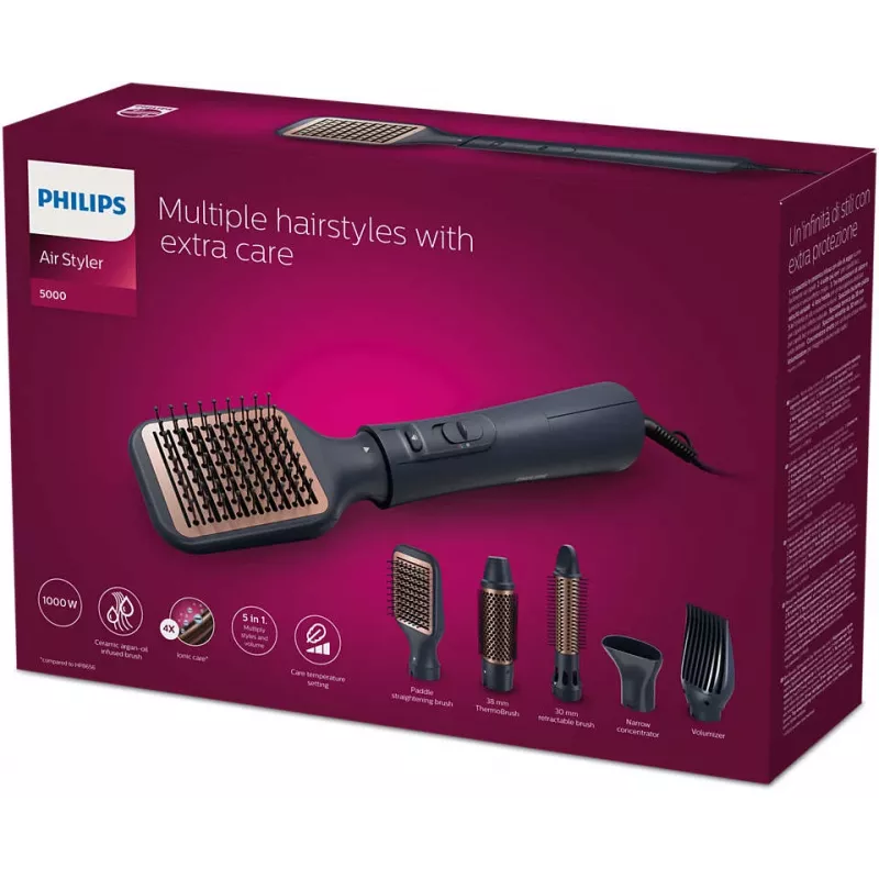 Hair styling kit Philips 5000 series BHA530/00 — hair straightener & curler, 1000 W, 3 heating levels, ionic, 5 attachments, 2 m cord, black