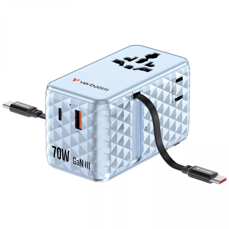 Verbatim Charge 'n' Travel 70W 2C retractable Universal Travel Adapter Blue
