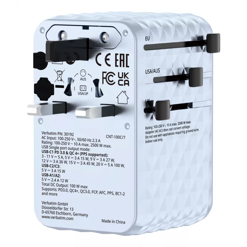 Verbatim Charge 'n' Travel 100W Universal Travel Adapter with retractable cable Blue