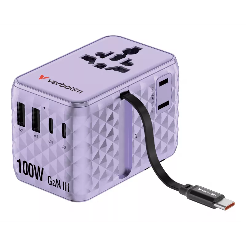 Verbatim Charge 'n' Travel 100W Universal Travel Adapter with retractable cable Purple