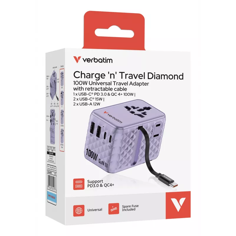 Verbatim Charge 'n' Travel 100W Universal Travel Adapter with retractable cable Purple