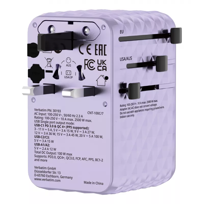 Verbatim Charge 'n' Travel 100W Universal Travel Adapter with retractable cable Purple