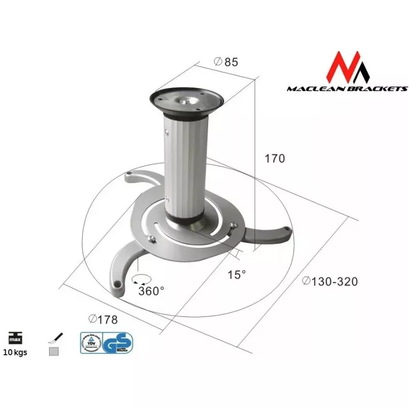 Ceiling mount MACLEAN MC-515 for projectors, adjustable height 80–170 mm, load capacity 10 kg