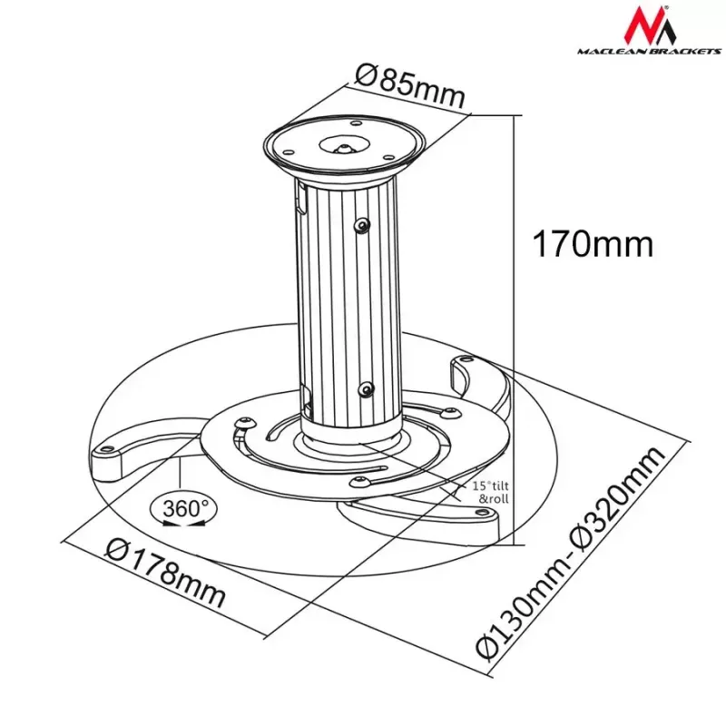 Ceiling mount MACLEAN MC-515 for projectors, adjustable height 80–170 mm, load capacity 10 kg