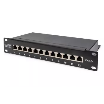 DIGITUS CAT6A Patch Panel, shielded,12-Port label field, 1U, 10in rack mount, black RAL 9005