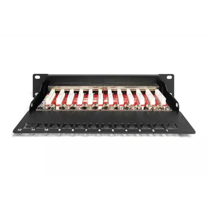 DIGITUS CAT6A Patch Panel, shielded,12-Port label field, 1U, 10in rack mount, black RAL 9005
