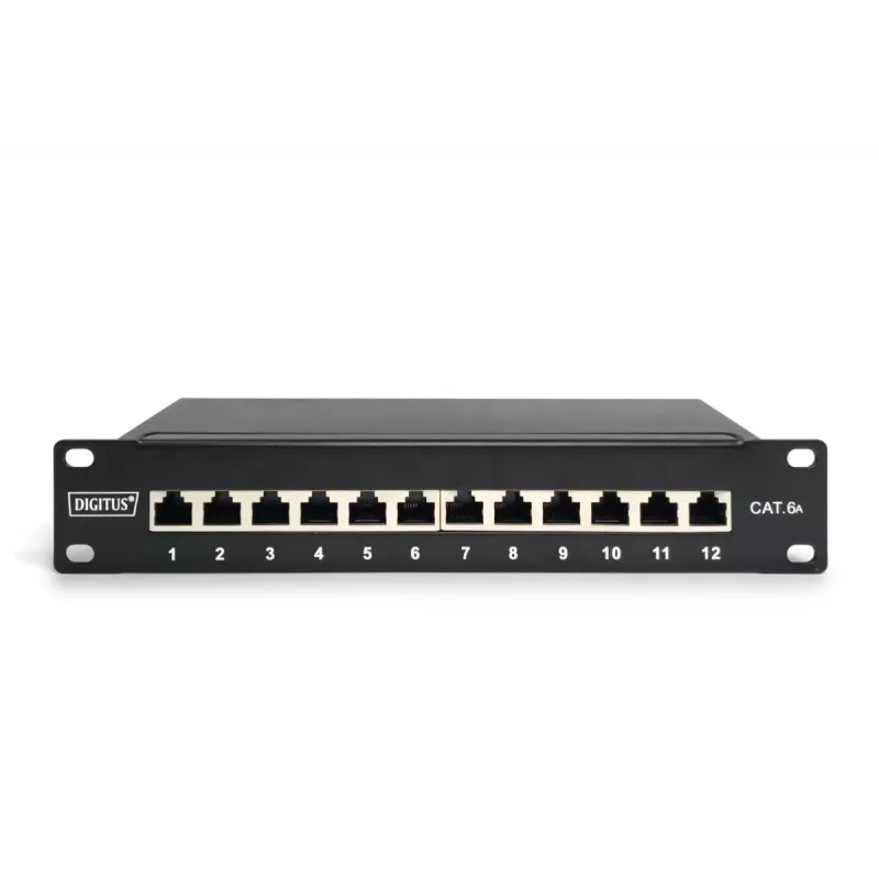 DIGITUS CAT6A Patch Panel, shielded,12-Port label field, 1U, 10in rack mount, black RAL 9005