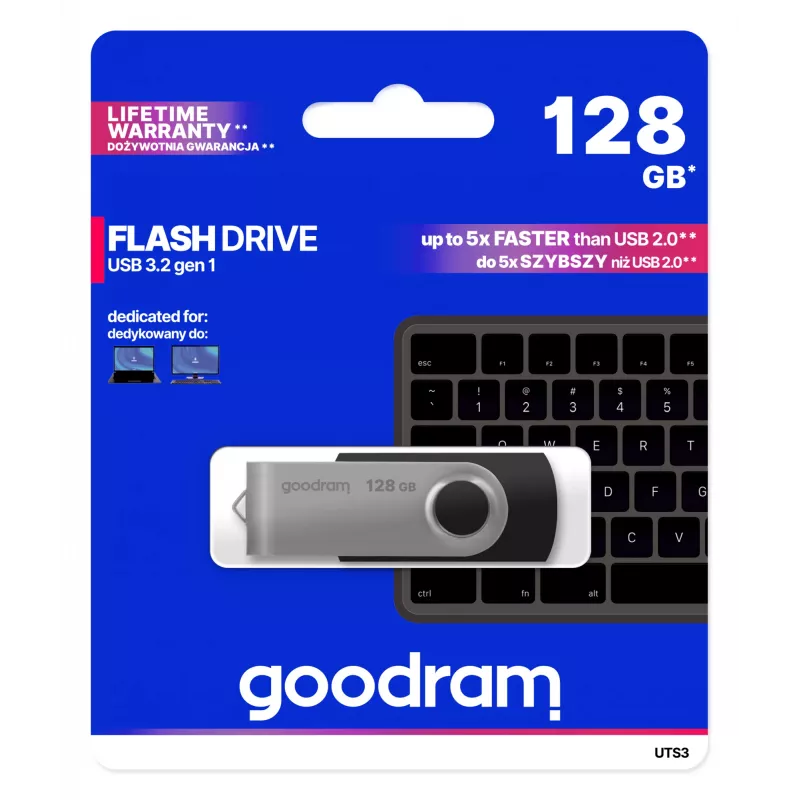 USB flash drive GOODRAM UTS3 128 GB USB Type-A 3.2 Gen 1, black, 60 MB/s read, 20 MB/s write