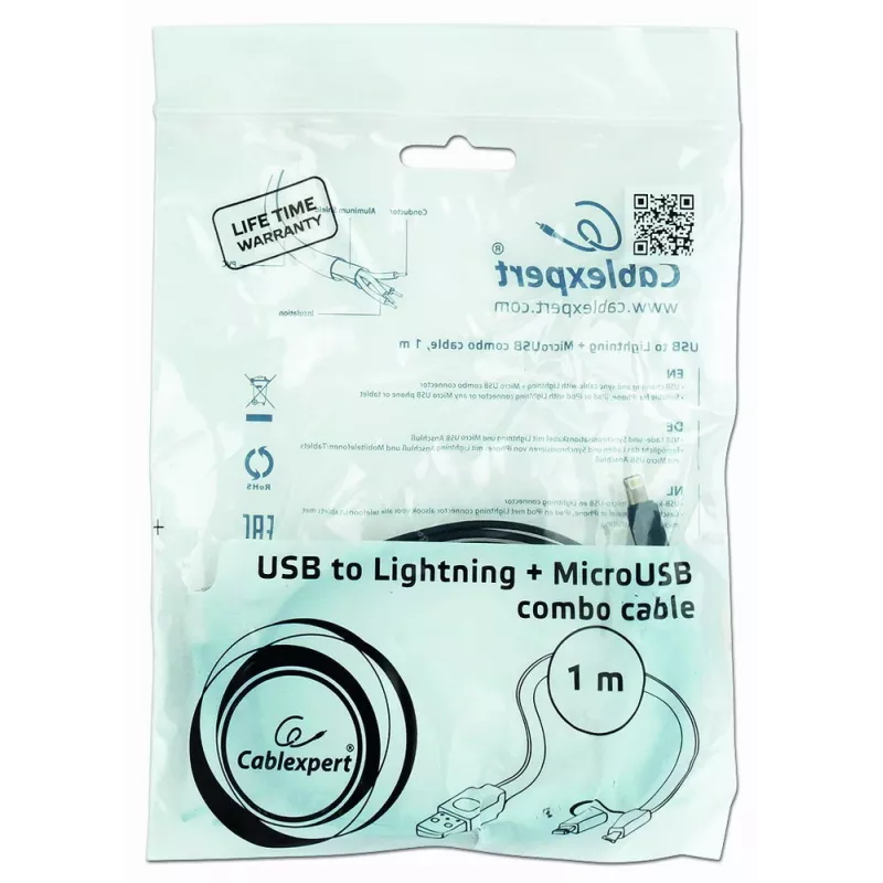 GEMBIRD USB To Apple Lightning And Micro USB Charging Combo Cable 1m - Black