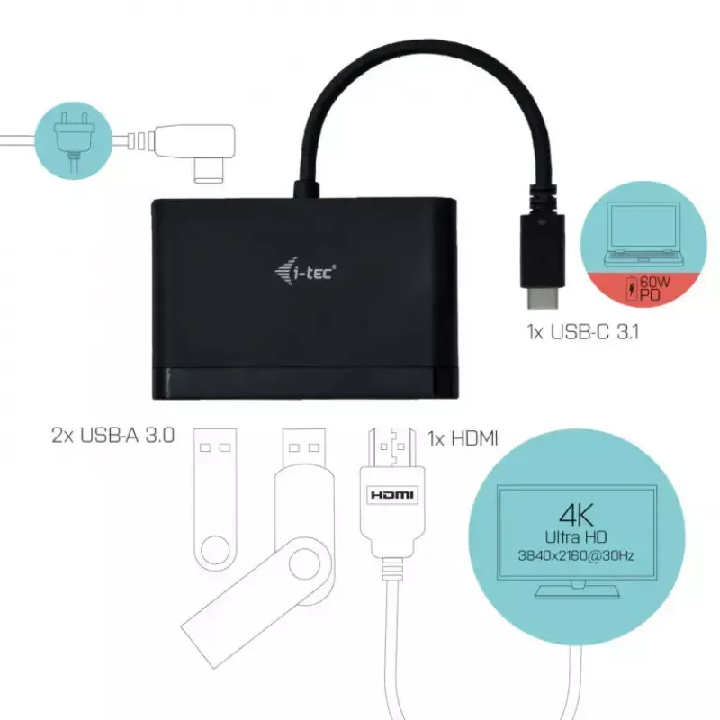 USB-C to HDMI Travel Adapter ITEC i-tec USB C HDMI Travel Adapter PD/Data — Black, Chipset RTS5403/RTS5404/RTS5411/PS176, 90×58×14 mm