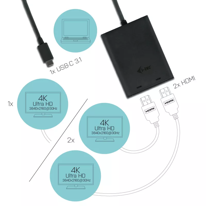 i-tec USB-C 3.1 Dual 4K HDMI Video Adapter, 3.2 Gen 1 (3.1 Gen 1), USB Type-C, HDMI output, 3840 x 2160 pixels