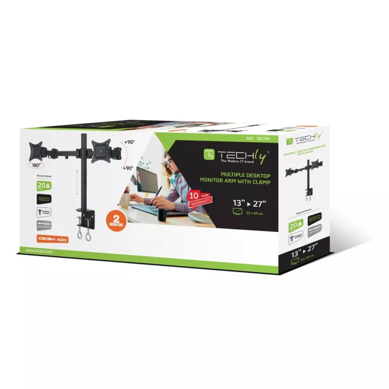 Techly 13-27 inch Desk Stand for 2 Monitor with Clamp” ICA-LCD 482-D
