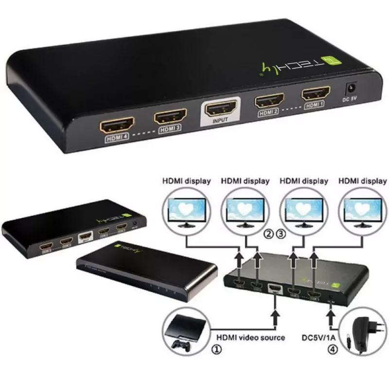 Techly Splitter HDMI 4 way 4K*2K IDATA HDMI-4K4, HDMI, 4x HDMI, 1x HDMI F, 4096 x 2160 pixels, Black, 36 bit