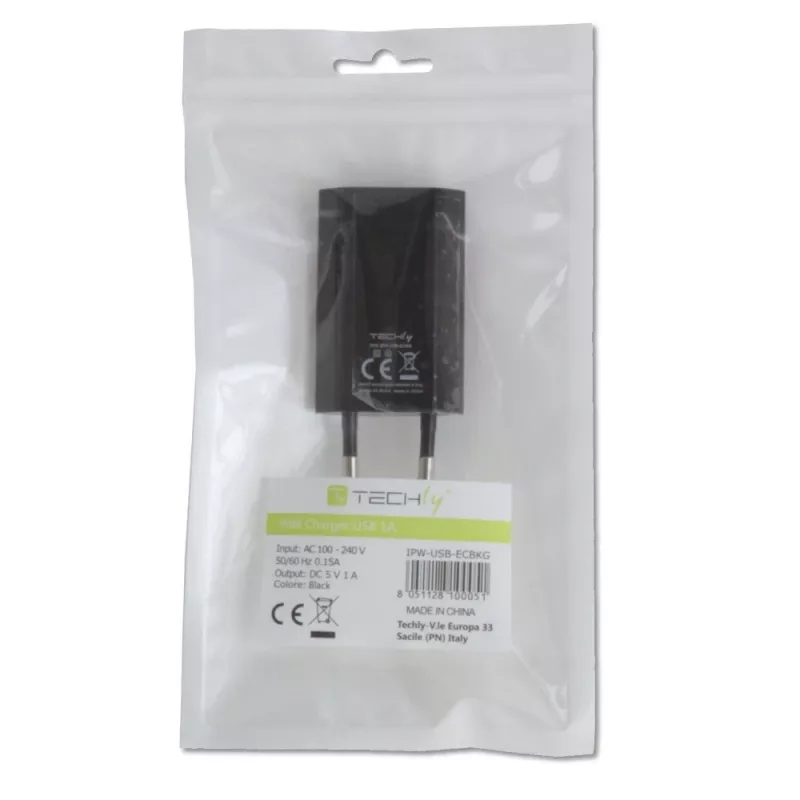 Techly Compact Charger USB 1A European Plug Black, Indoor, AC, 5 V, 1 A, Black