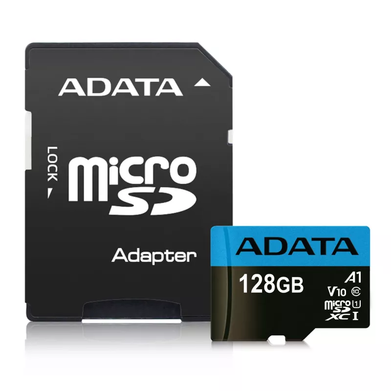 MicroSDXC flash memory ADATA 128 GB UHS‑I Class 10 — 85 MB/s read, 25 MB/s write, waterproof, with SD adapter