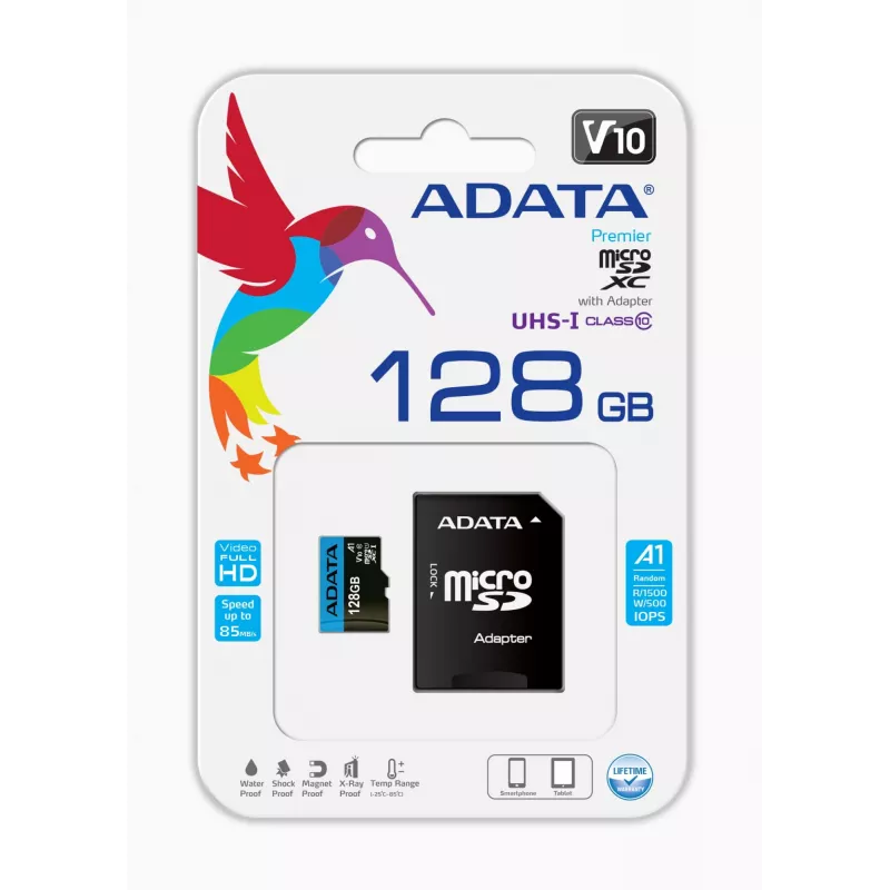 MicroSDXC flash memory ADATA 128 GB UHS‑I Class 10 — 85 MB/s read, 25 MB/s write, waterproof, with SD adapter