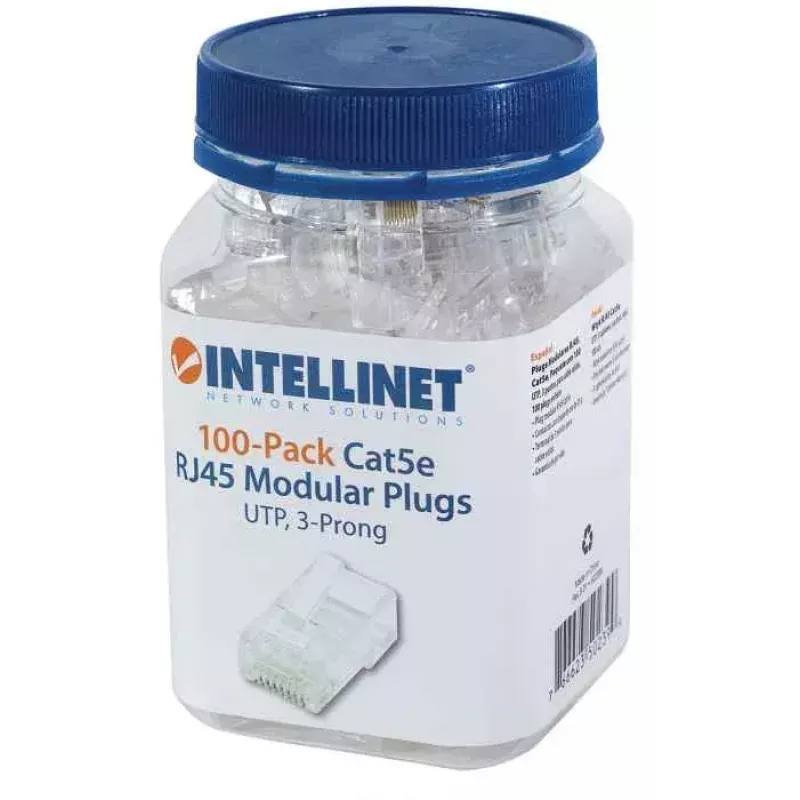 Intellinet RJ45 Modular Plugs, Cat5e, UTP, 3-prong, for solid wire, 15 µ gold plated contacts, 100 pack