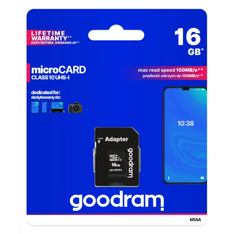 MicroSDHC memory card GOODRAM 16 GB Class 10 UHS-I (U1), read 100 MB/s, write 10 MB/s, magnet-proof, with SD adapter