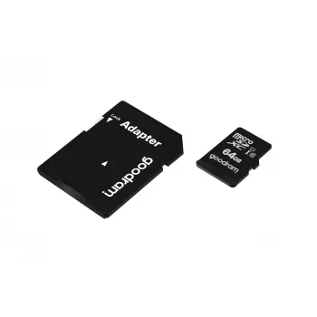 MicroSDXC memory card GOODRAM 64GB UHS‑I Class 10 (U1), read 100 MB/s, write 10 MB/s, with SD adapter, black