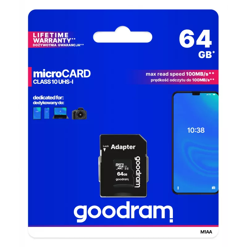MicroSDXC memory card GOODRAM 64GB UHS‑I Class 10 (U1), read 100 MB/s, write 10 MB/s, with SD adapter, black