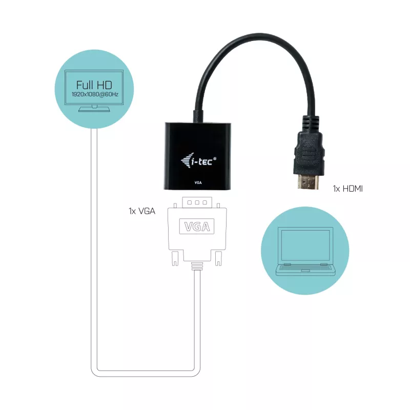 i-tec HDMI to VGA Cable Adapter, 0.15 m, HDMI, VGA, Male, Female, 1920 x 1080 pixels