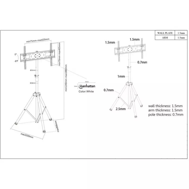 Manhattan Tripod Floor Mount for TV & Monitors, Stand Assembly, For screens: 37 inch to 65 inch, VESA compatibility: all between 200x200 to 600x400mm - check the dimensions of the four mounting holes on back of screen to ensure it fits, Max 35kg, Black, LFD, Bracket