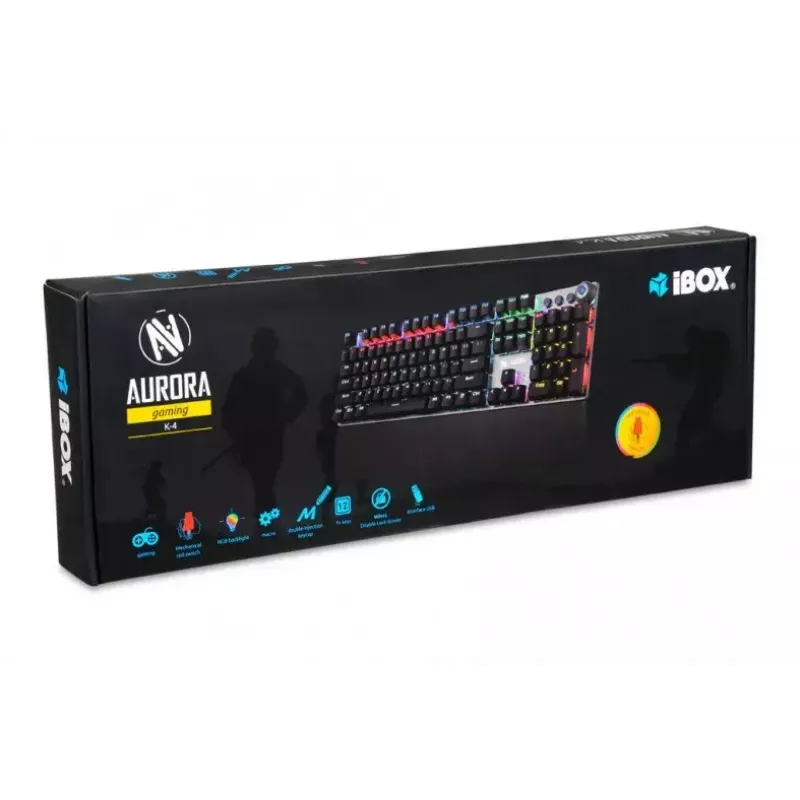 Wired mechanical gaming keyboard IBOX AURORA K-4 — QWERTY, 108 keys, LED adjustable backlight, water-resistant, USB, 1.6 m cable