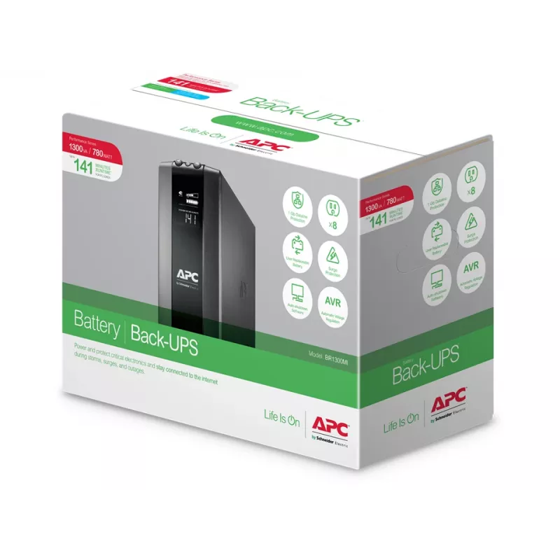 APC Back-UPS Pro, 1300VA/780W, Tower, 230V, 8x IEC C13 outlets, AVR, LCD, User Replaceable Battery