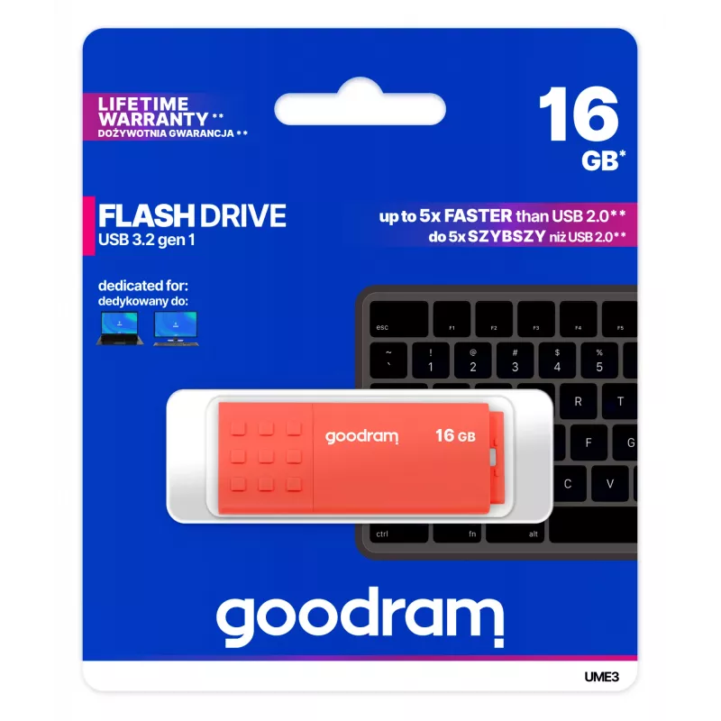 USB flash drive GOODRAM UME3 16 GB USB Type-A 3.2 Gen 1 (orange), 60/20 MB/s, capless plastic housing