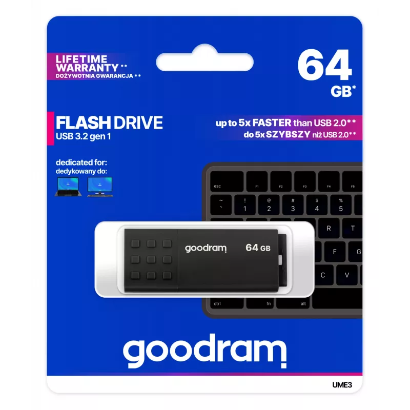 USB flash drive GOODRAM UME3 64 GB USB Type-A 3.2 Gen 1, read 60 MB/s, write 20 MB/s, black
