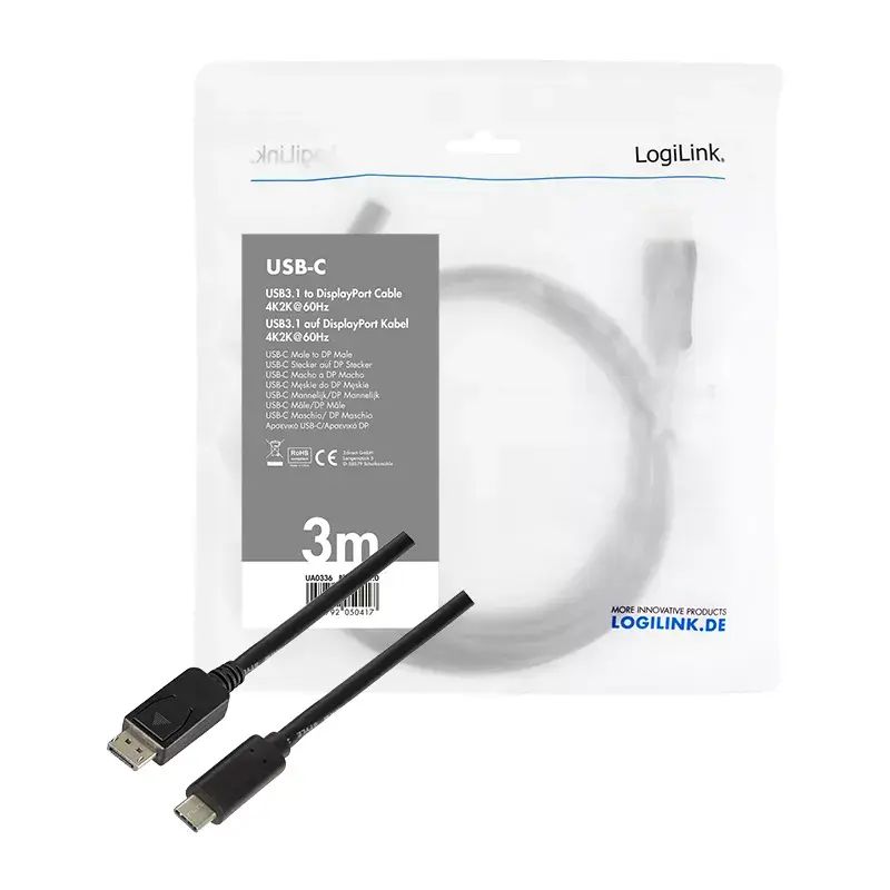 Video Cable Adapter LogiLink UA0336 3m USB Type-C DisplayPort Black