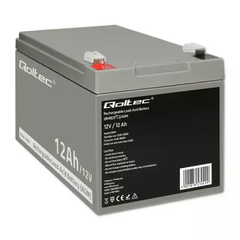 Qoltec 53049 AGM Battery 12V 12Ah VRLA Sealed Lead Acid Maintenance-Free for UPS, Alarm, Emergency Lighting, Grey