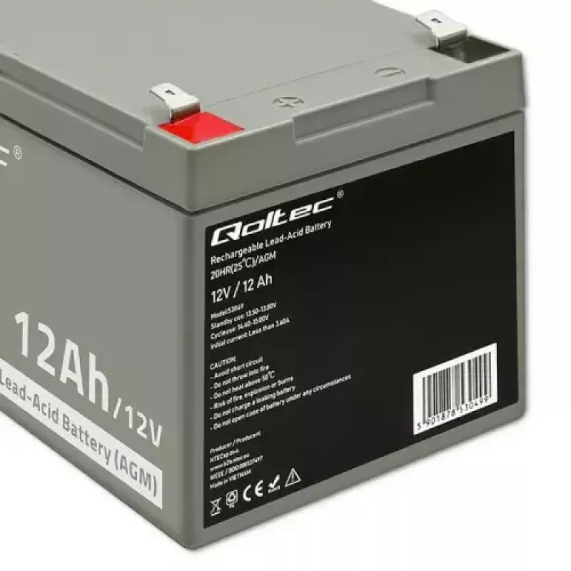 Qoltec 53049 AGM Battery 12V 12Ah VRLA Sealed Lead Acid Maintenance-Free for UPS, Alarm, Emergency Lighting, Grey
