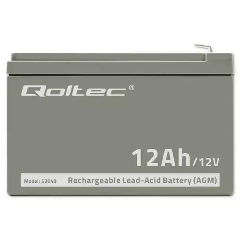 Qoltec 53049 AGM Battery 12V 12Ah VRLA Sealed Lead Acid Maintenance-Free for UPS, Alarm, Emergency Lighting, Grey