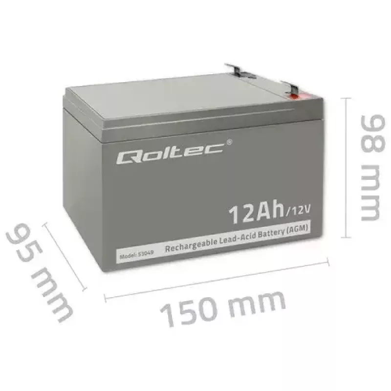 Qoltec 53049 AGM Battery 12V 12Ah VRLA Sealed Lead Acid Maintenance-Free for UPS, Alarm, Emergency Lighting, Grey