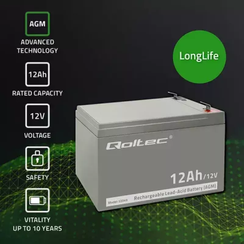 Qoltec 53049 AGM Battery 12V 12Ah VRLA Sealed Lead Acid Maintenance-Free for UPS, Alarm, Emergency Lighting, Grey