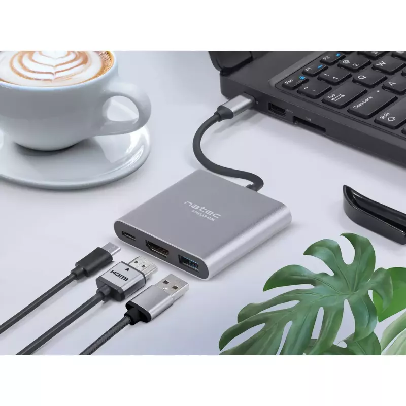 NATEC Fowler Mini USB-C Multiport Adapter, USB-C PD, USB 3.0, HDMI 4K, Grey