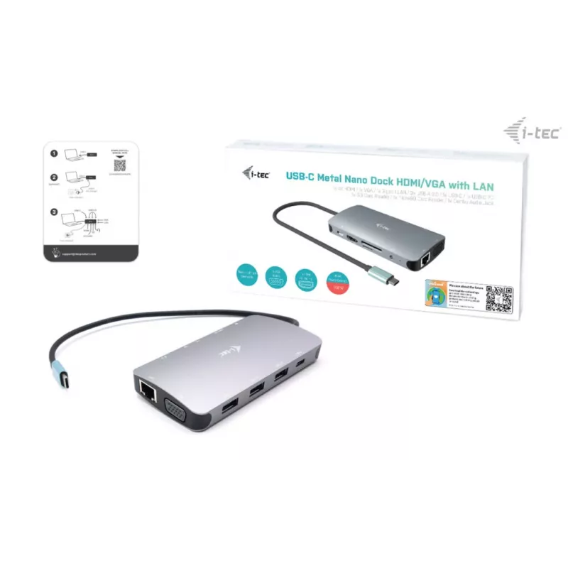 Docking Station i-tec Metal USB-C Travel Nano Dock HDMI/VGA with LAN + Power Delivery 100 W