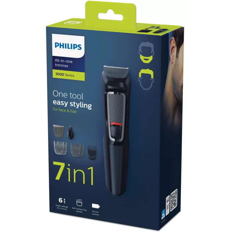 Multigroom trimmer Philips MG3720/15 7-in-1 — 7 combs, stainless steel blades, 60 min runtime, NiMH rechargeable, black