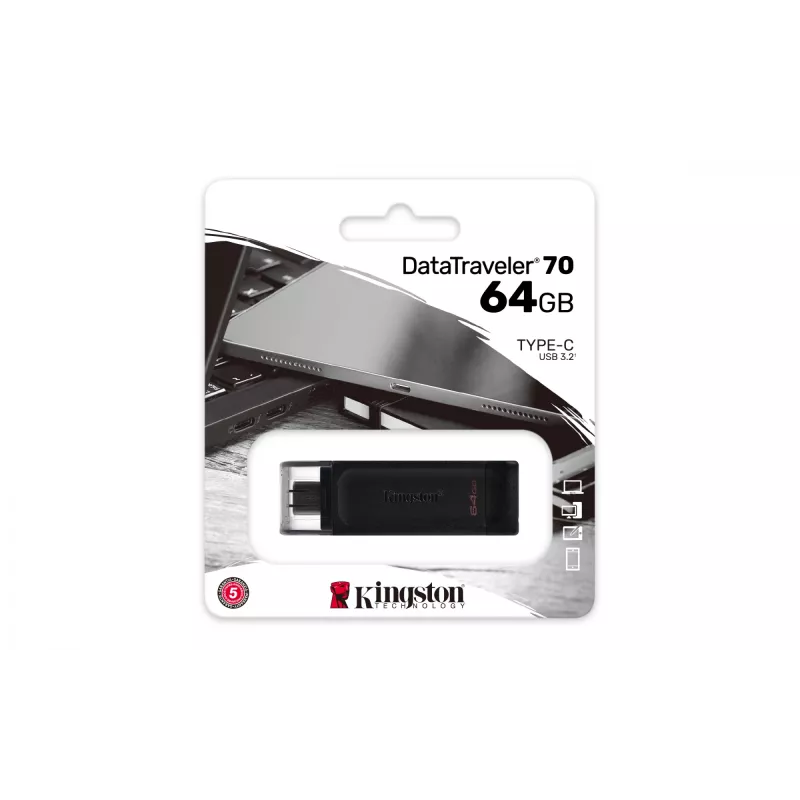 Kingston Technology DataTraveler 64GB USB-C 3.2 Gen 1 70, 64 GB, USB Type-C, 3.2 Gen 1 (3.1 Gen 1), Cap, 7 g, Black