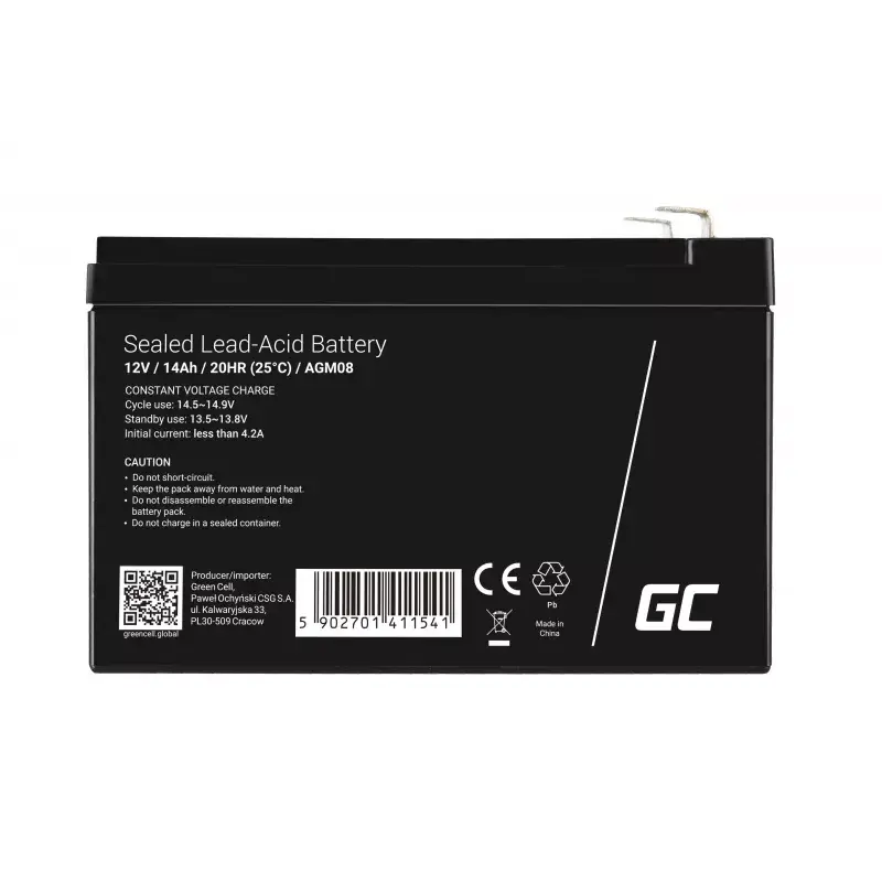Rechargeable AGM Sealed Lead Acid Battery Green Cell AGM08 12 V 14000 mAh, 98×151×95 mm, 3.45 kg