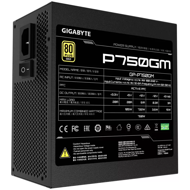Gigabyte P750GM Power Supply 750 Watts Efficiency 80 PLUS GOLD, PFC Active, MTBF 100000 hours