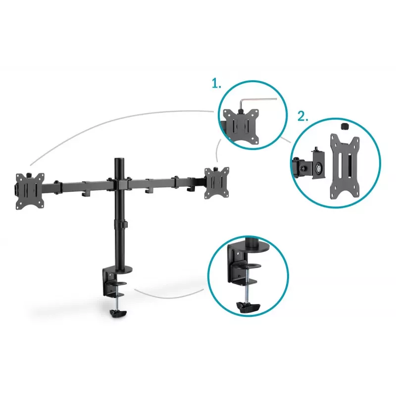 DIGITUS Univer.dual Monitor Clamp Mount 17-32in 2x 8kg (max.) Black