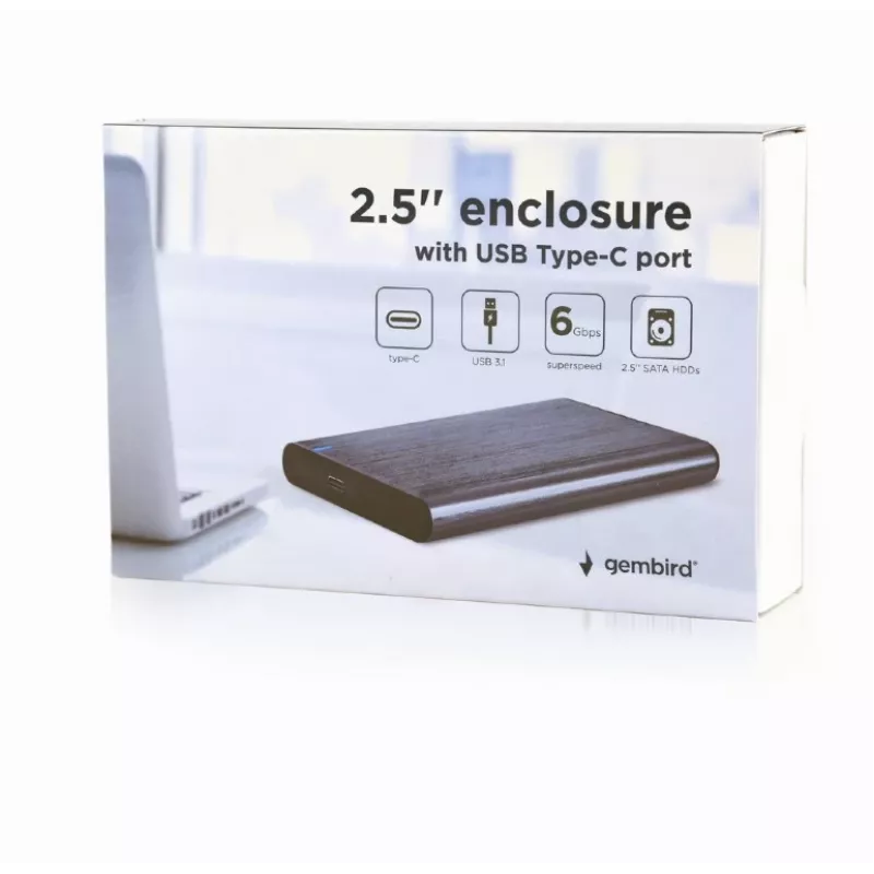 GEMBIRD USB 3.1 2.5in SATA HDD Enclosure with Type-C Port, Brushed Aluminum - Grey