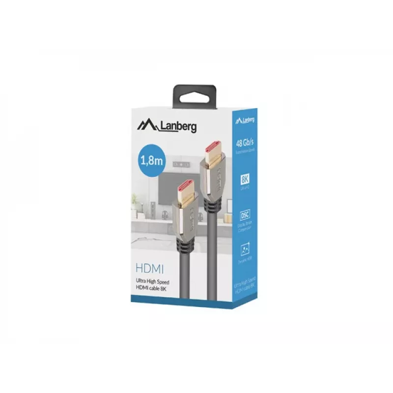 HDMI cable LANBERG CA-HDMI-30CU-0018-BK — HDMI 2.1, 1.8 m, 48 Gbit/s, 7680×4320, 240 Hz, ARC, eARC/Ethernet support