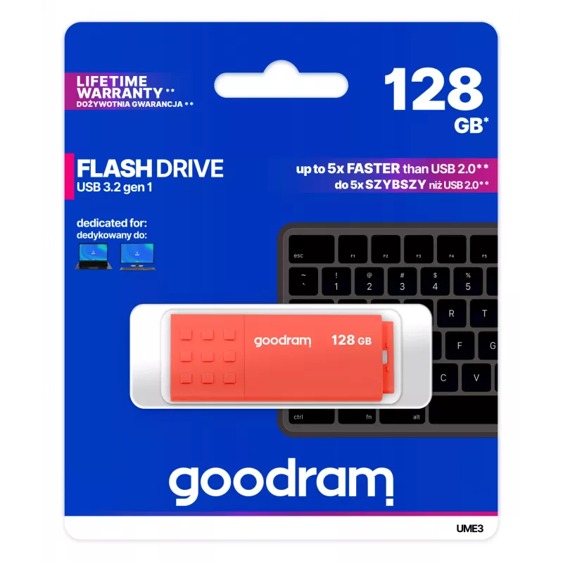USB flash drive GOODRAM UME3 128 GB USB Type-A 3.2 Gen 1, orange, capless, 60/20 MB/s