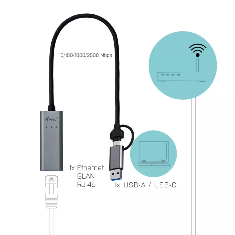 i-tec Metal USB-C/USB-A 2.5Gbps Ethernet Adapter, Wired, USB Type-A/USB Type-C, Ethernet, 2500 Mbit/s, Grey