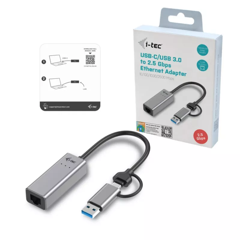 i-tec Metal USB-C/USB-A 2.5Gbps Ethernet Adapter, Wired, USB Type-A/USB Type-C, Ethernet, 2500 Mbit/s, Grey