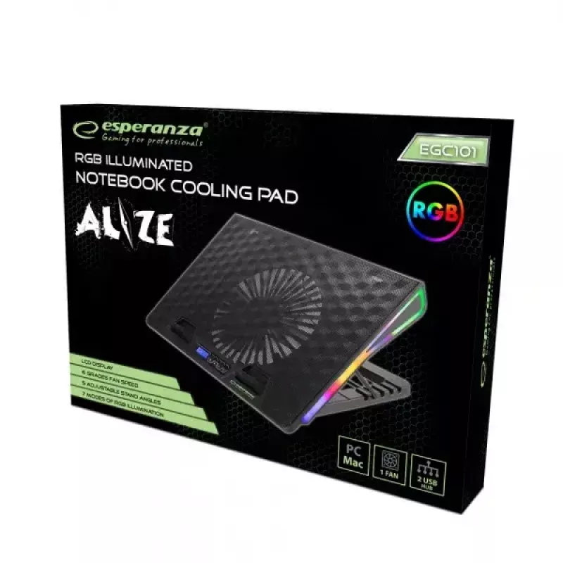 Notebook cooling pad ESPERANZA EGC101 — 1 fan 18 cm, 76 cfm, 800 RPM, 5 height positions, LCD, USB powered